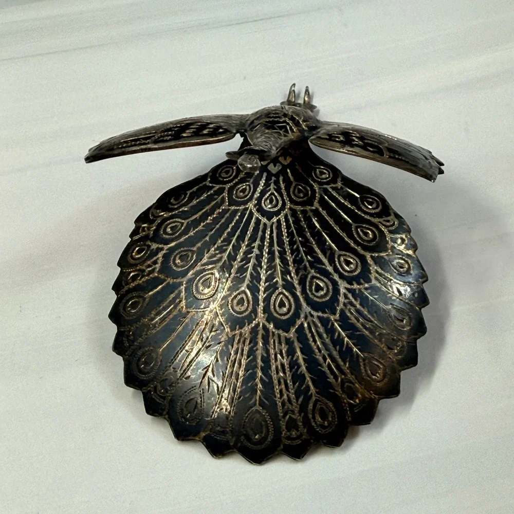 Vintage Siam Sterling Silver Niello Peacock Brooch Hinged Articulated Tail 22.9g